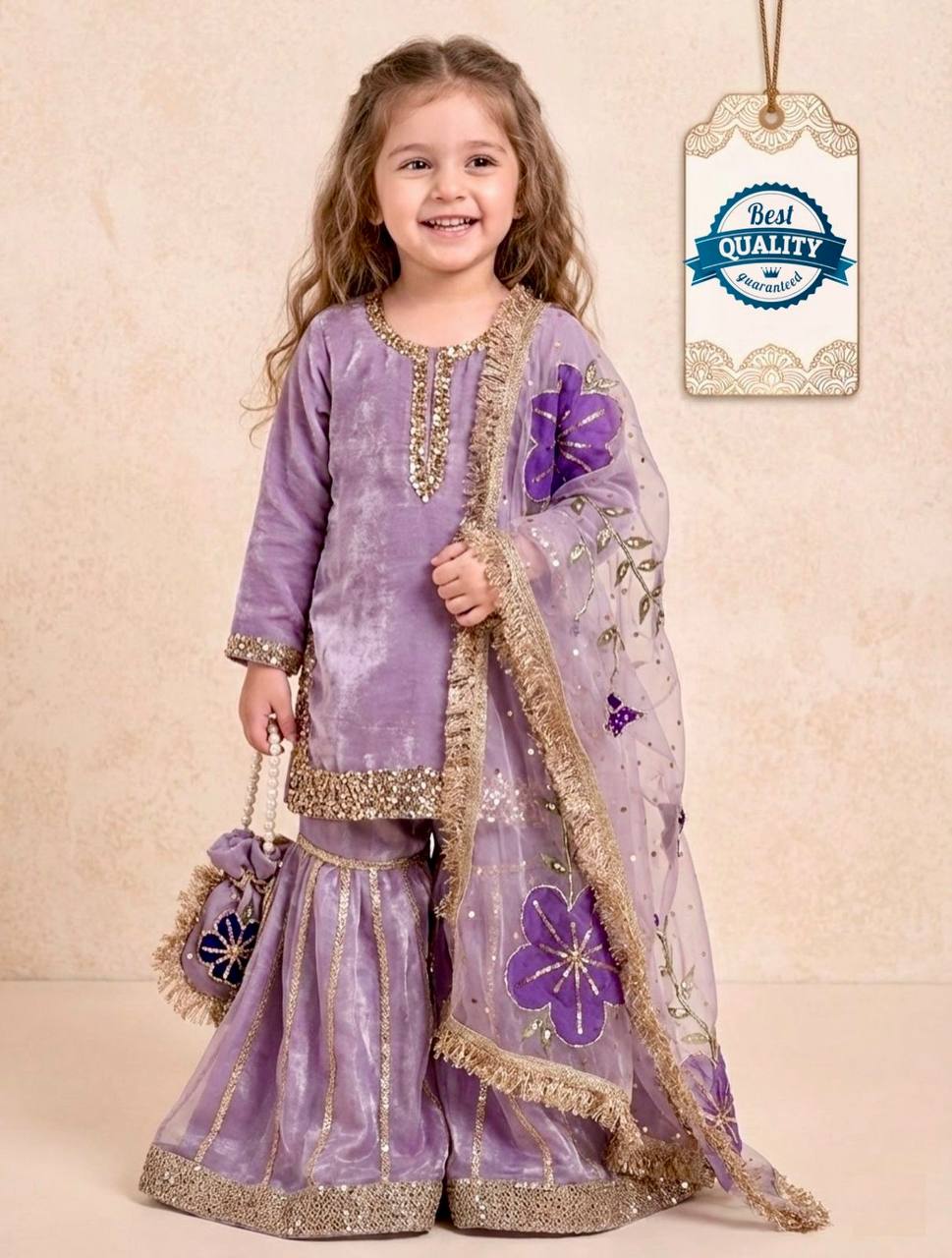 Girls Purple Velvet Sharara Suit