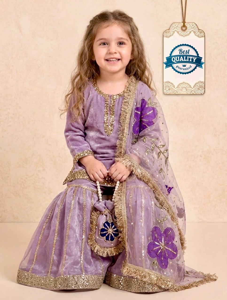 Girls Purple Velvet Sharara Suit
