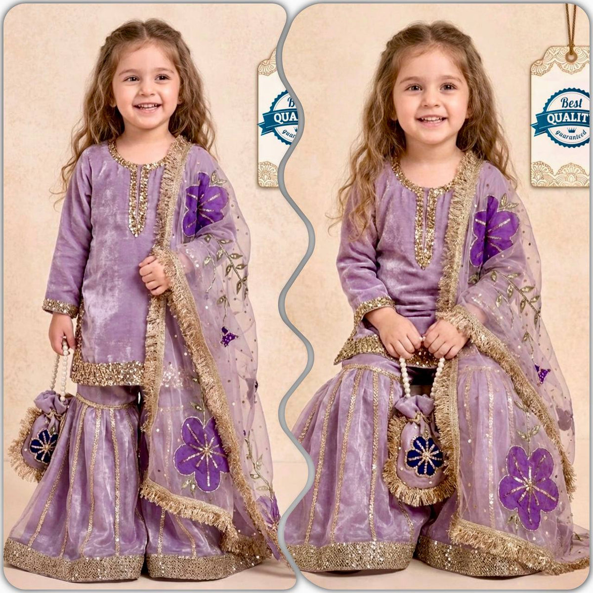 Girls Purple Velvet Sharara Suit