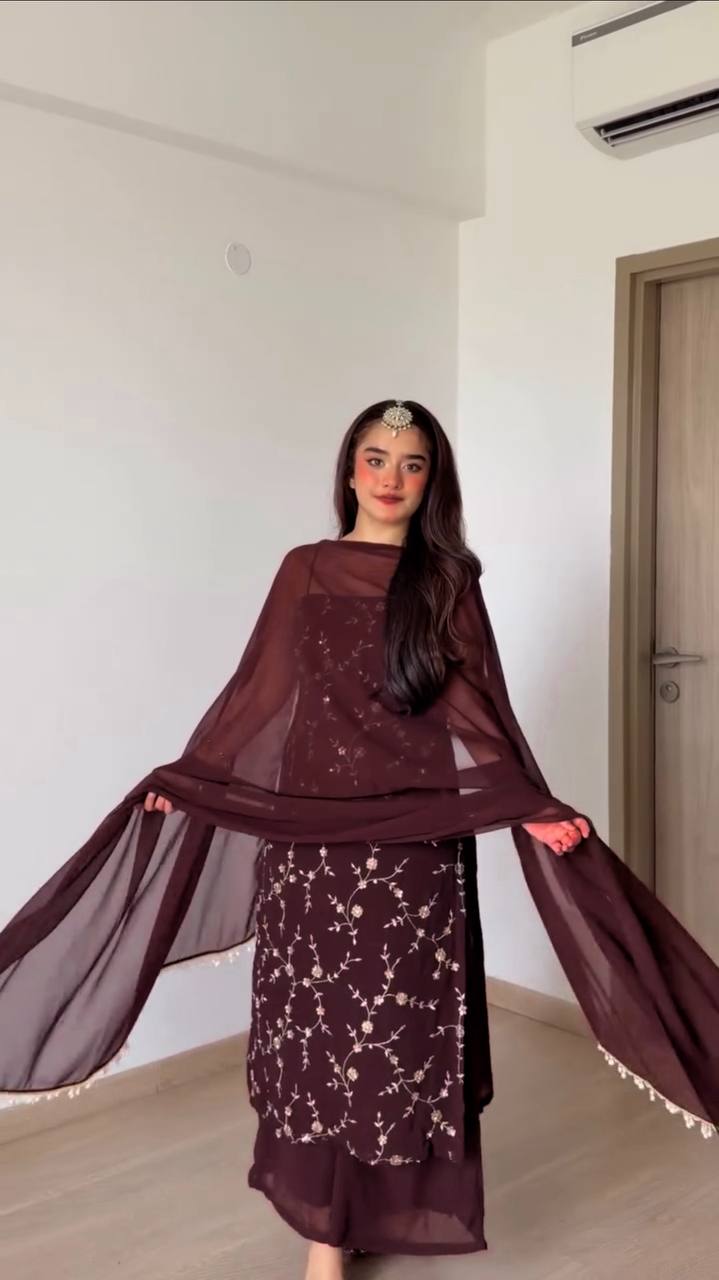 Wine Georgette 3-Piece Suit with Thread & Sequin Work