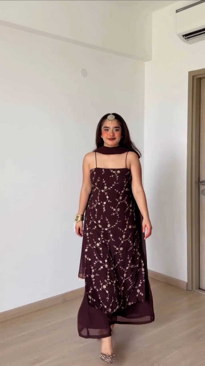 Wine Georgette 3-Piece Suit with Thread & Sequin Work
