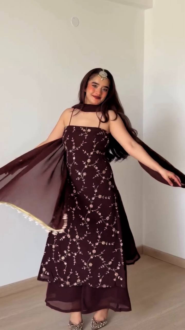 Wine Georgette 3-Piece Suit with Thread & Sequin Work
