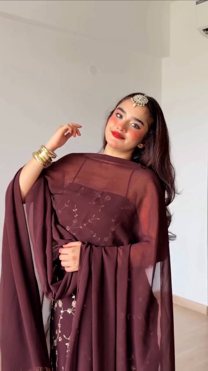 Wine Georgette 3-Piece Suit with Thread & Sequin Work