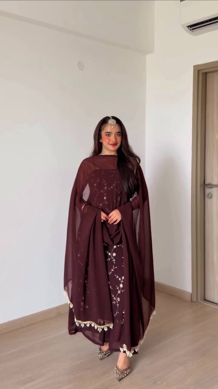 Wine Georgette 3-Piece Suit with Thread & Sequin Work