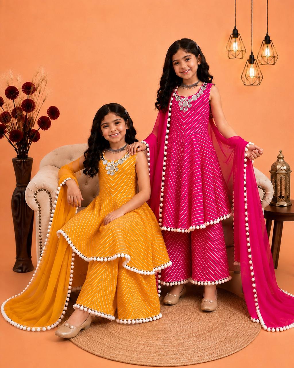 Pink & Yellow Fox Georgette Sharara Suit with Mirror & Thread Work