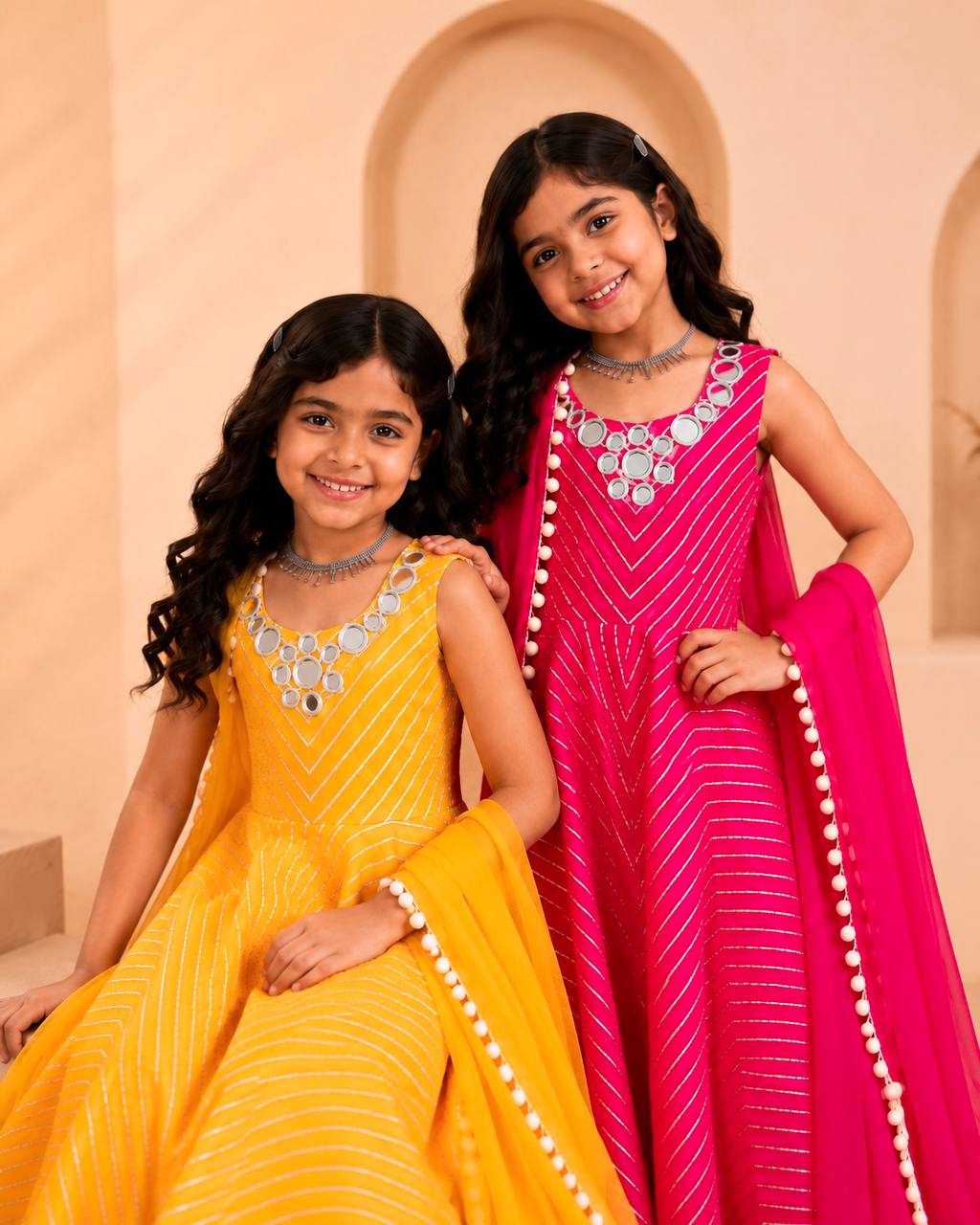 Pink & Yellow Fox Georgette Sharara Suit with Mirror & Thread Work