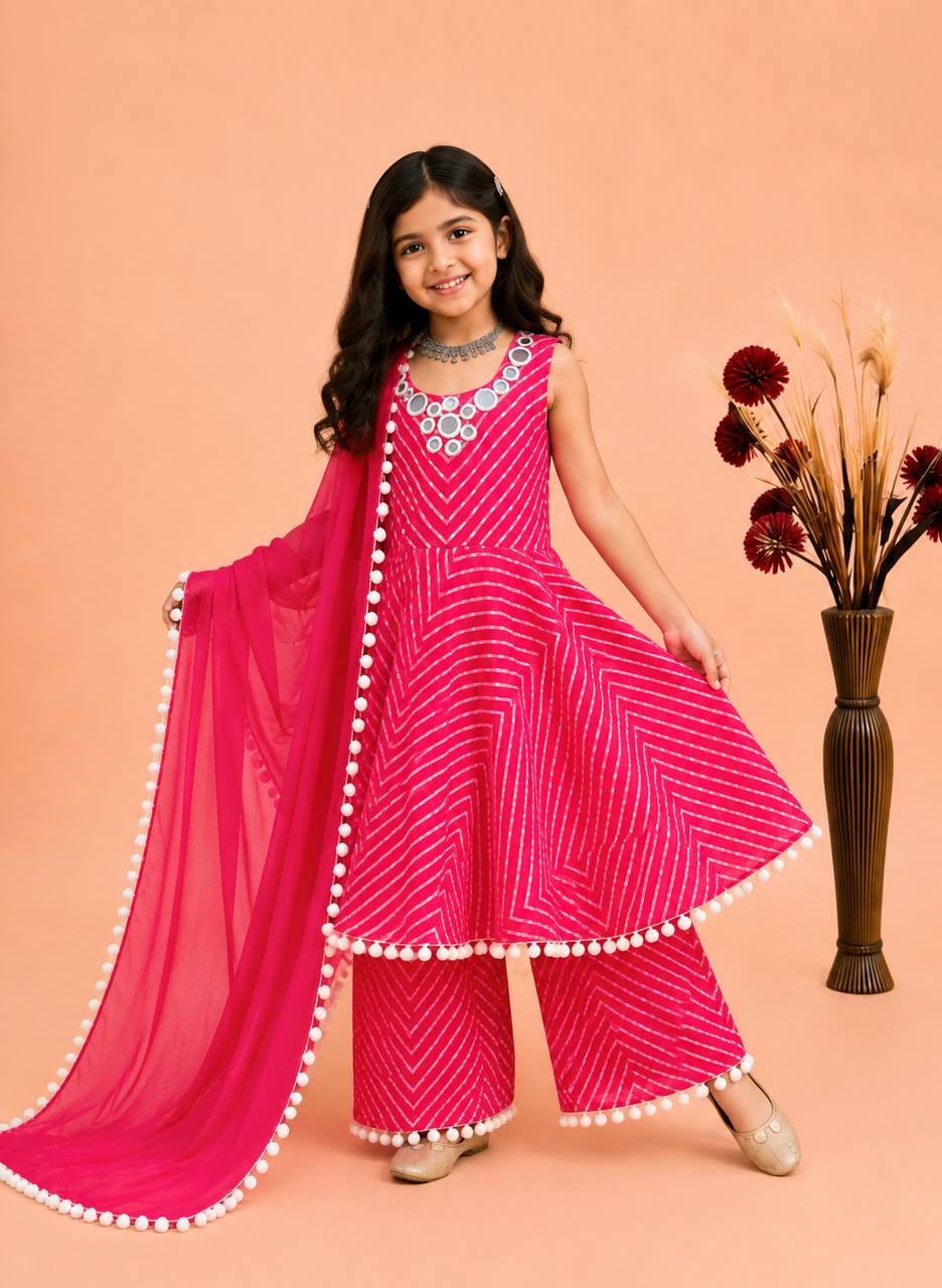 Pink & Yellow Fox Georgette Sharara Suit with Mirror & Thread Work