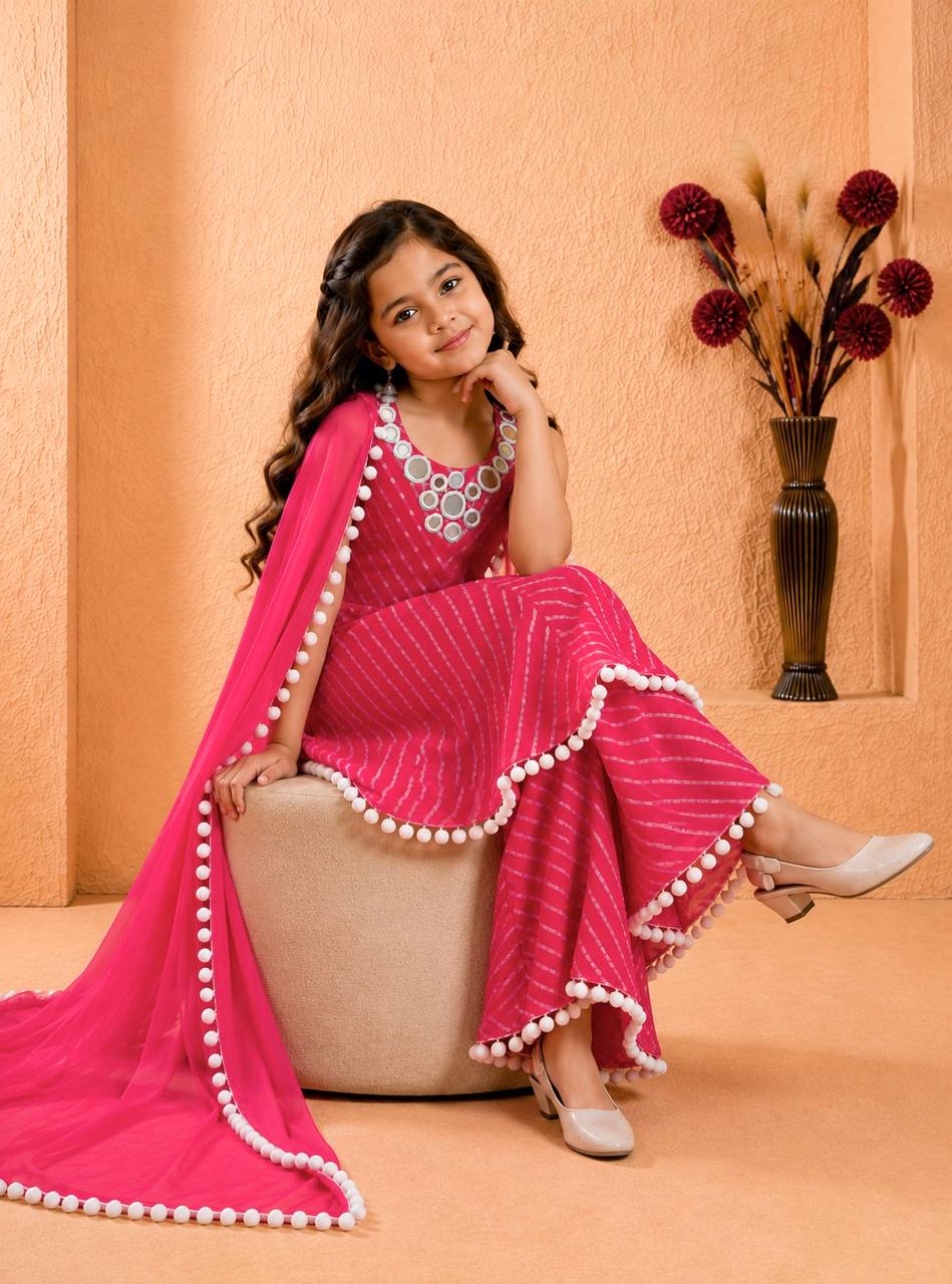 Pink & Yellow Fox Georgette Sharara Suit with Mirror & Thread Work