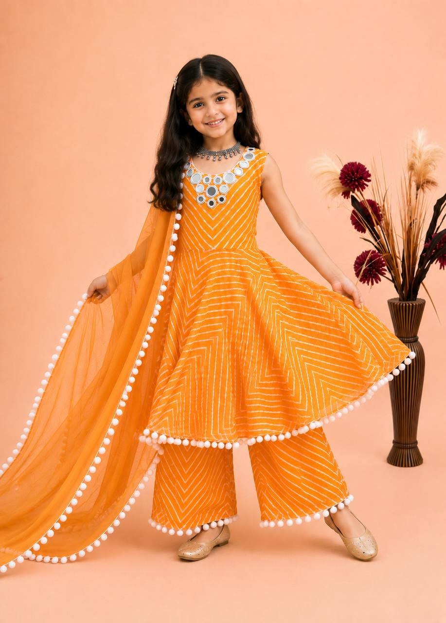 Pink & Yellow Fox Georgette Sharara Suit with Mirror & Thread Work