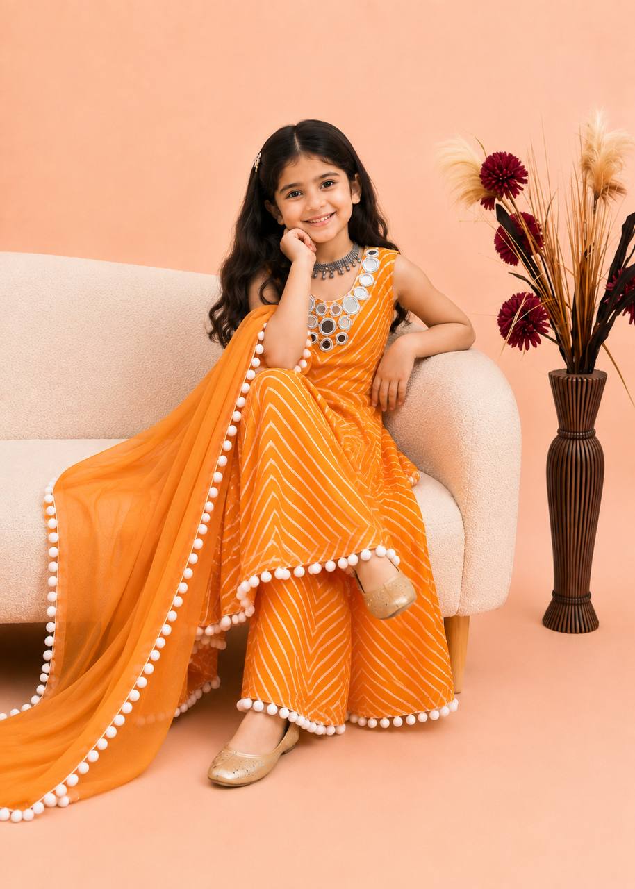 Pink & Yellow Fox Georgette Sharara Suit with Mirror & Thread Work