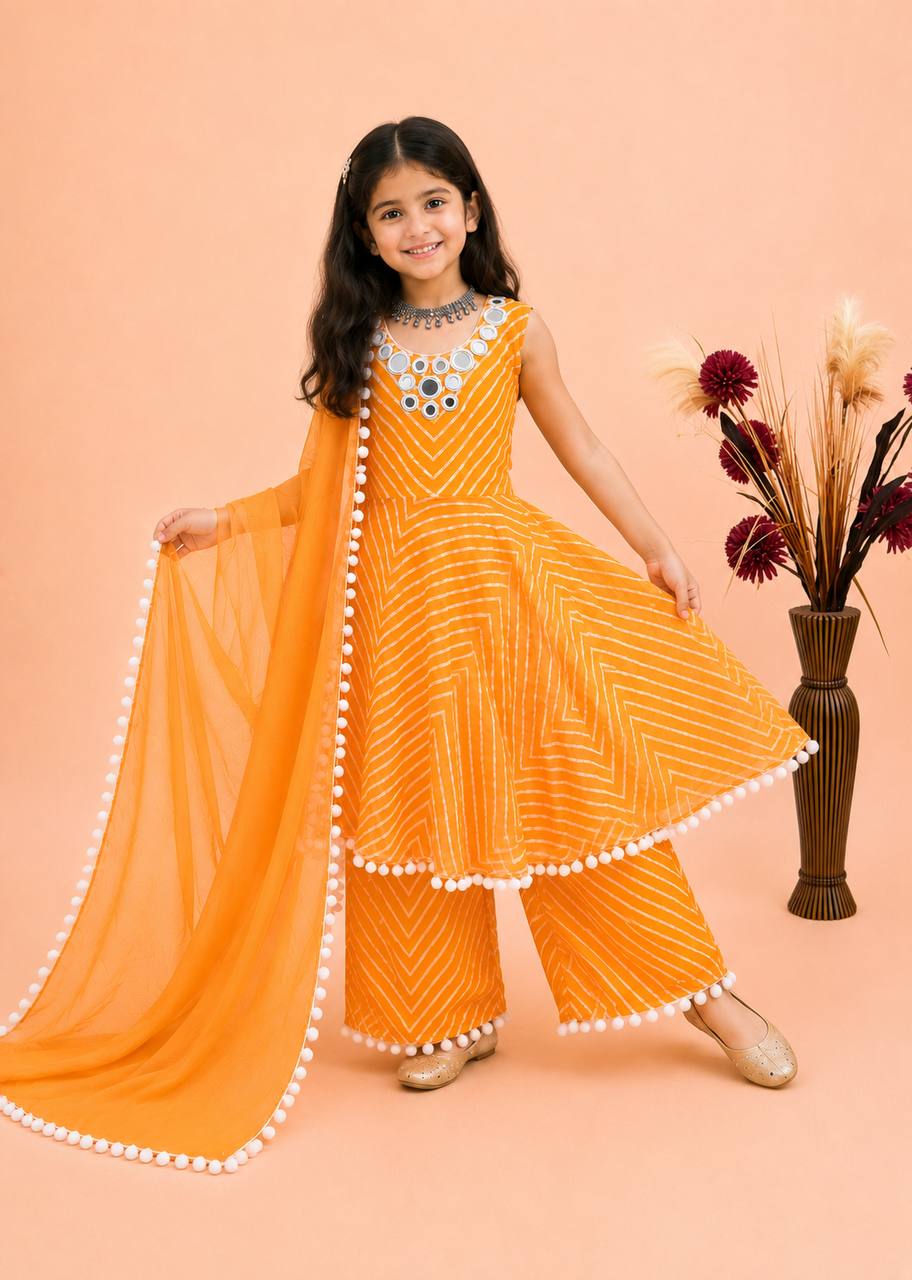 Pink & Yellow Fox Georgette Sharara Suit with Mirror & Thread Work