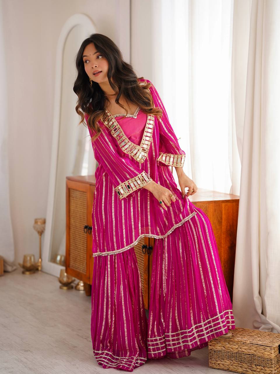 Royal Magenta Gold Zari Sharara Set with Real Mirror Work