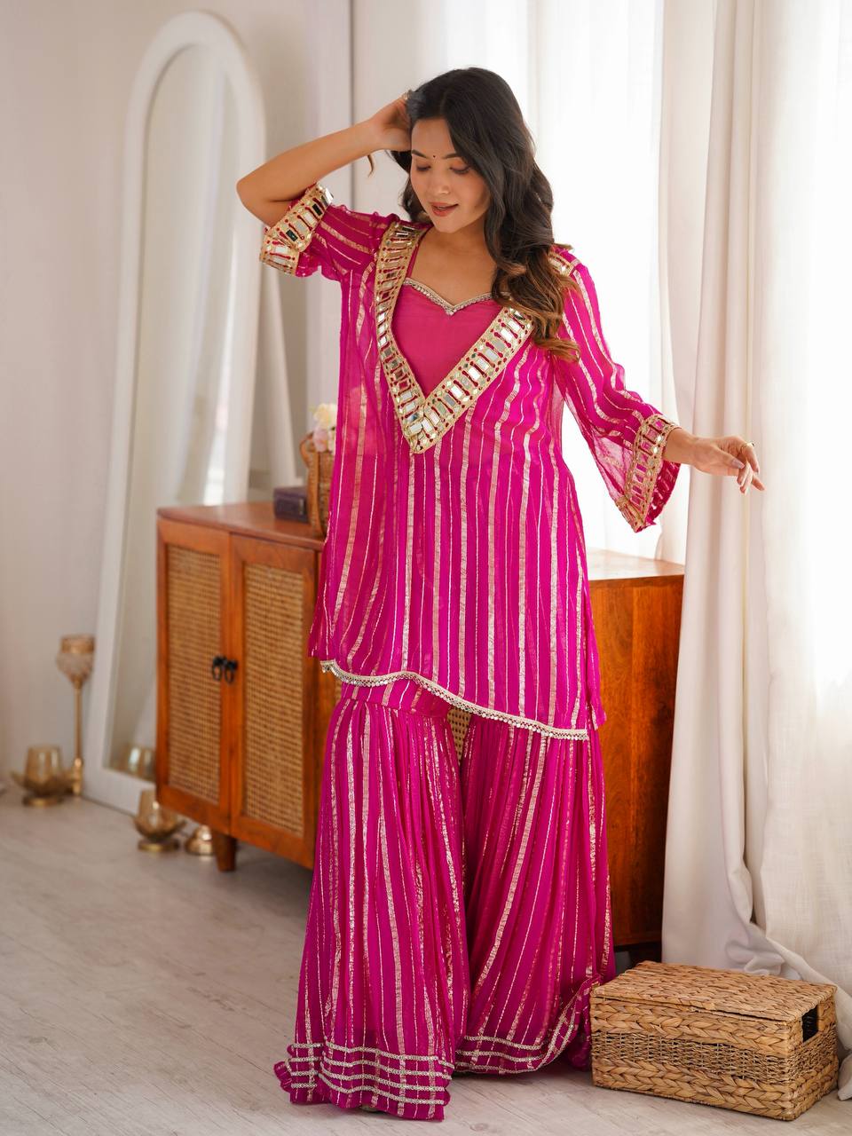 Royal Magenta Gold Zari Sharara Set with Real Mirror Work