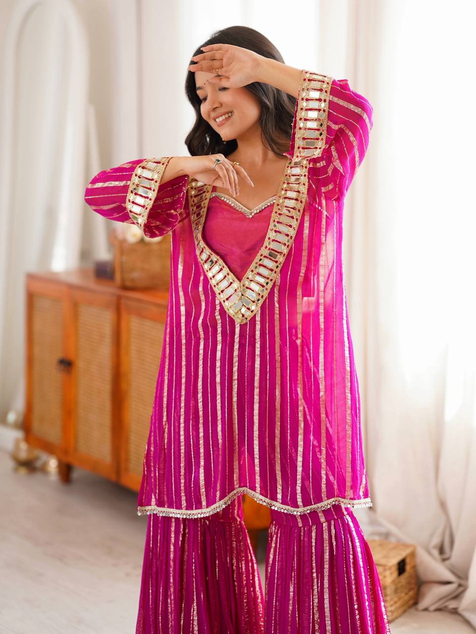 Royal Magenta Gold Zari Sharara Set with Real Mirror Work