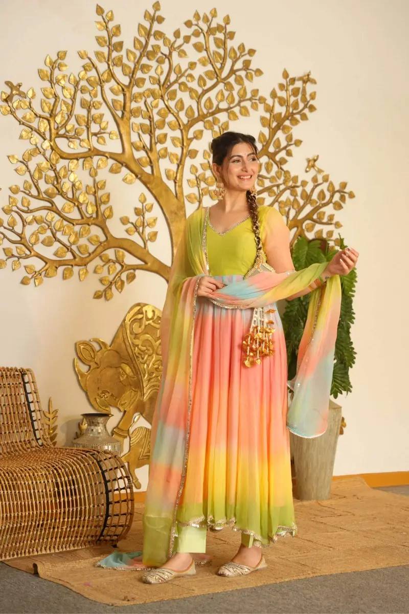 Pastel Rainbow Digital Print Georgette Anarkali Suit Set with Dupatta