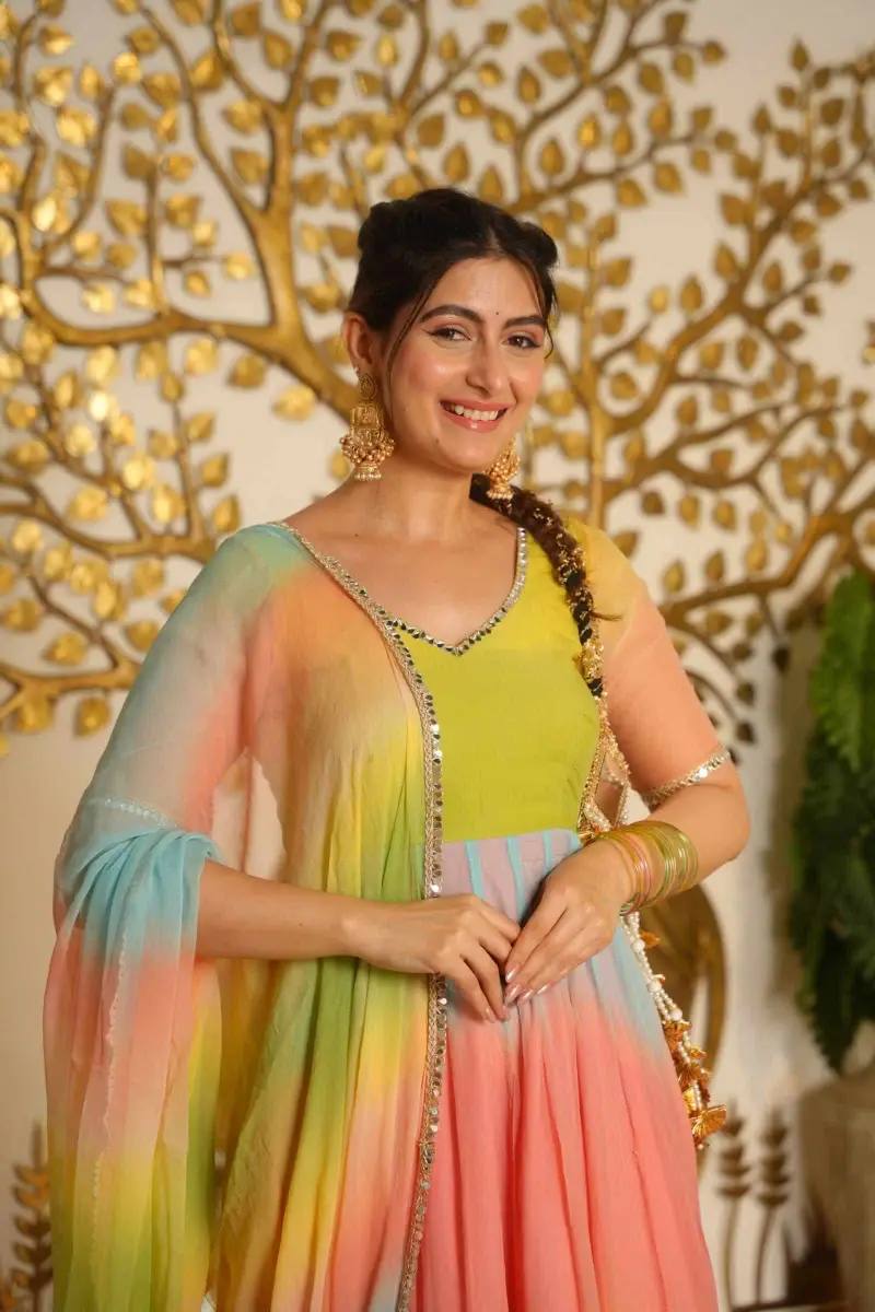 Pastel Rainbow Digital Print Georgette Anarkali Suit Set with Dupatta