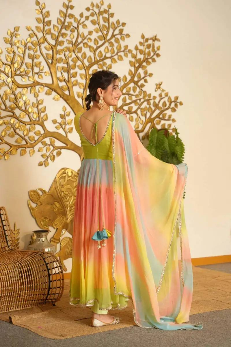 Pastel Rainbow Digital Print Georgette Anarkali Suit Set with Dupatta