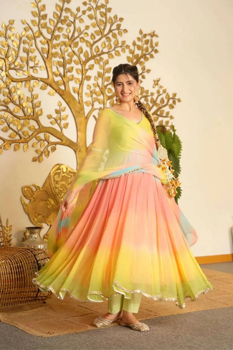 Pastel Rainbow Digital Print Georgette Anarkali Suit Set with Dupatta