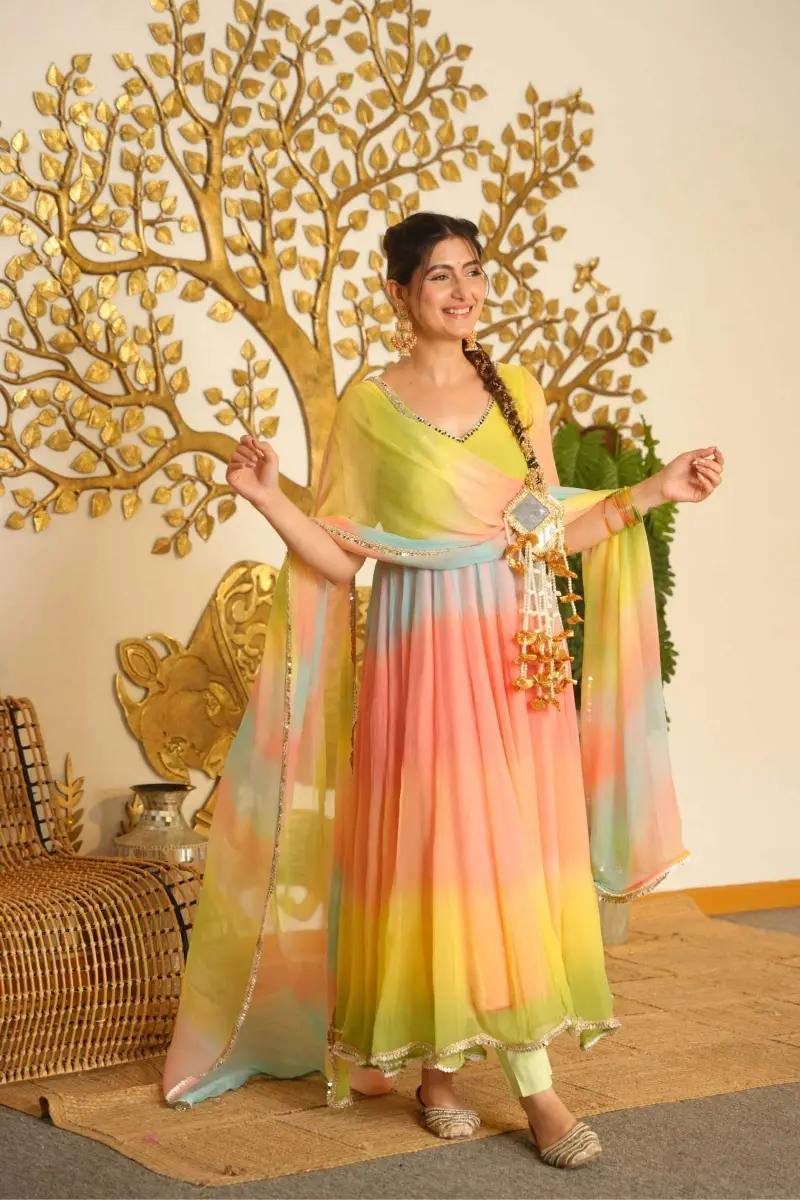 Pastel Rainbow Digital Print Georgette Anarkali Suit Set with Dupatta