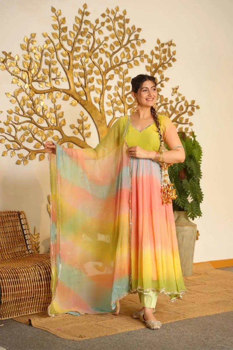 Pastel Rainbow Digital Print Georgette Anarkali Suit Set with Dupatta