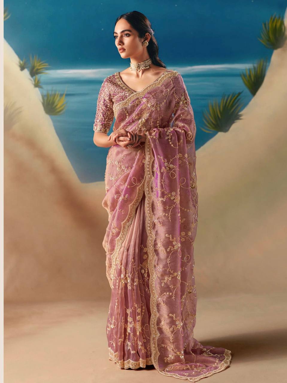 Elegant Mauve Fendy Silk Saree with Heavy Beads & Sequin Work
