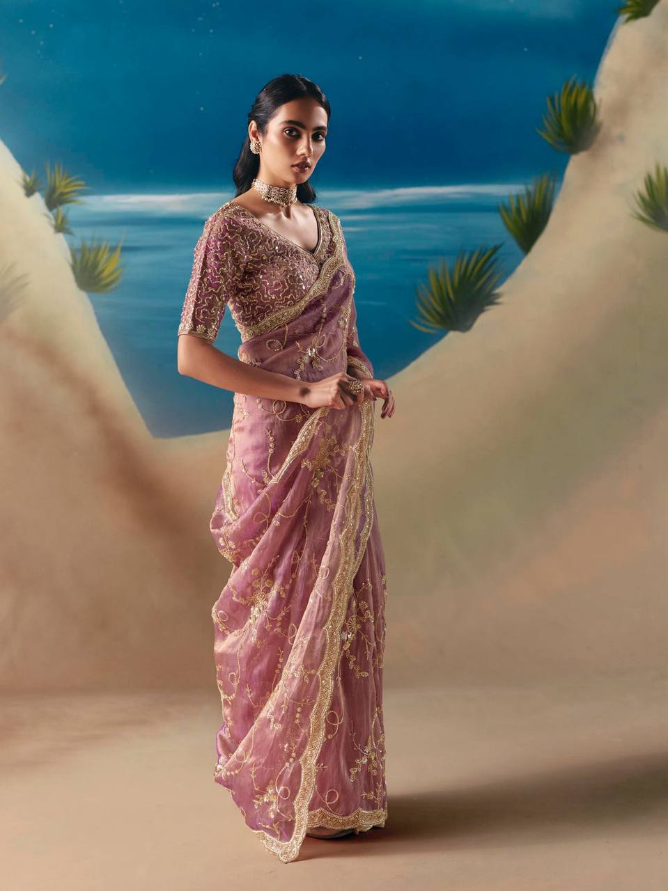 Elegant Mauve Fendy Silk Saree with Heavy Beads & Sequin Work