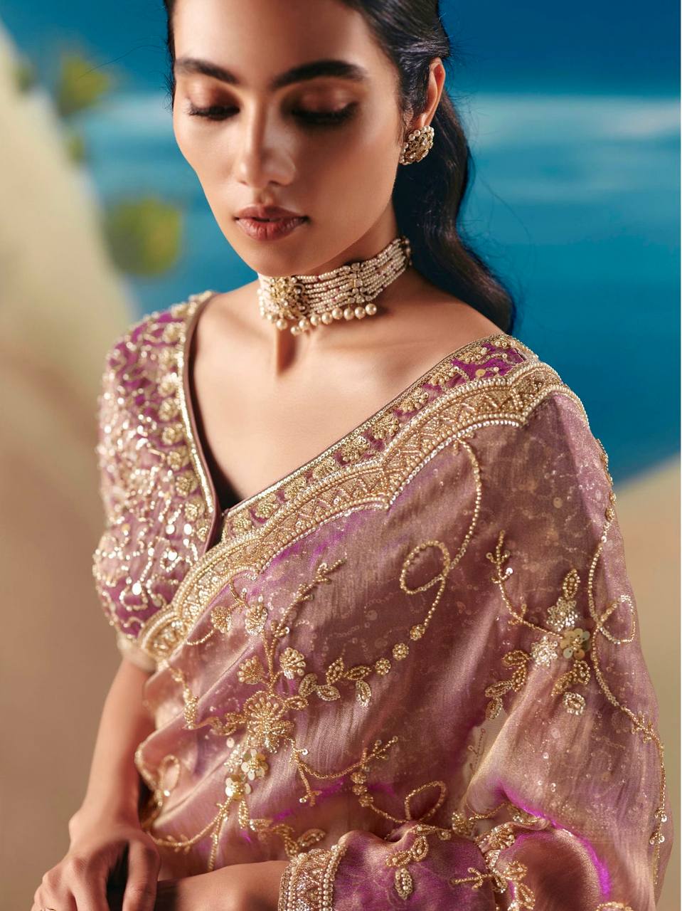 Elegant Mauve Fendy Silk Saree with Heavy Beads & Sequin Work