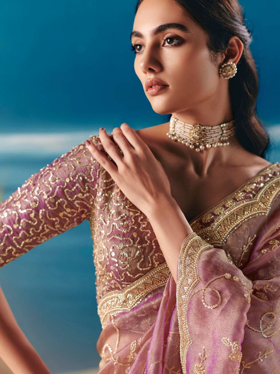 Elegant Mauve Fendy Silk Saree with Heavy Beads & Sequin Work