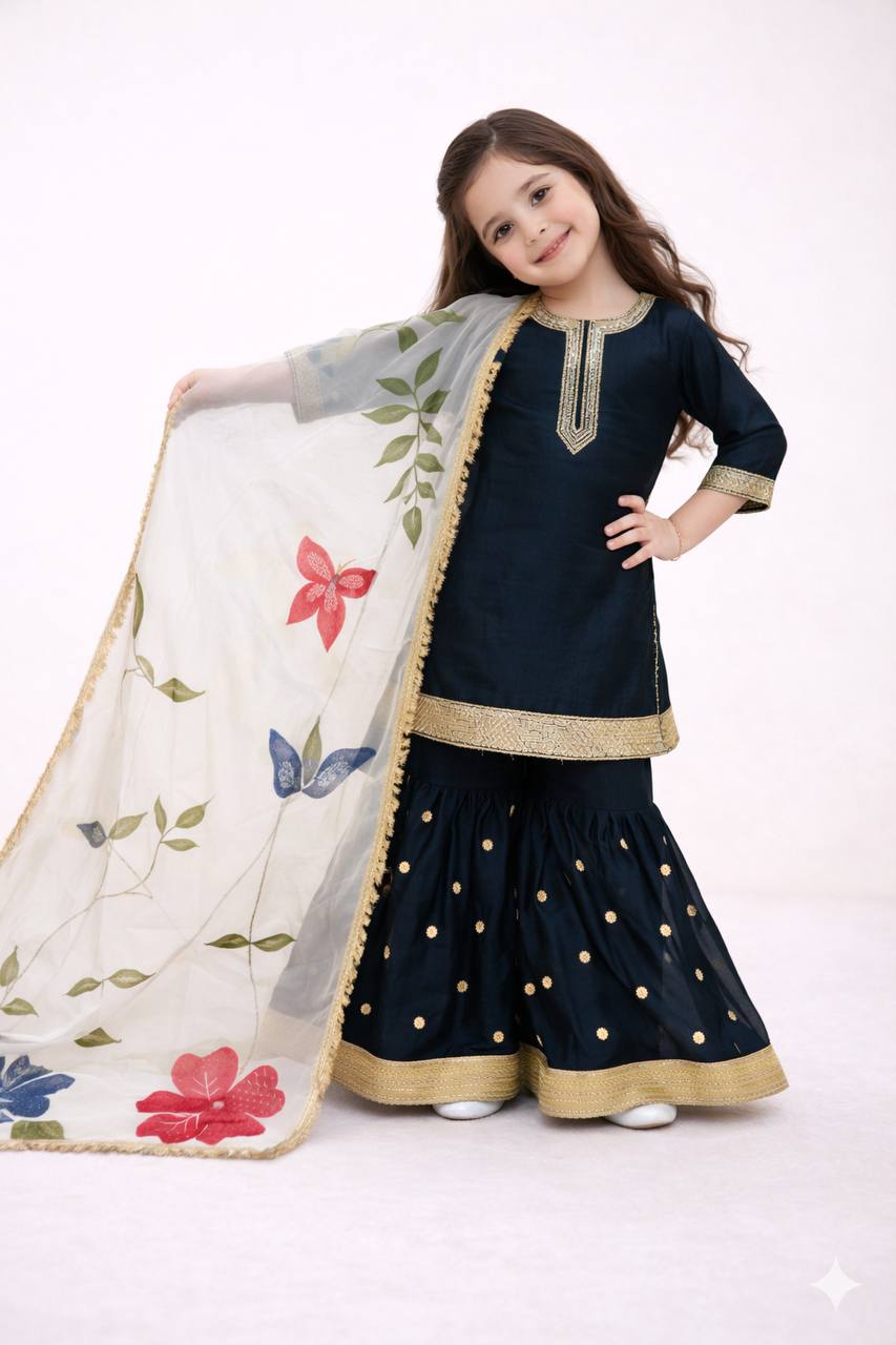 Navy Blue Kids Sharara Set
