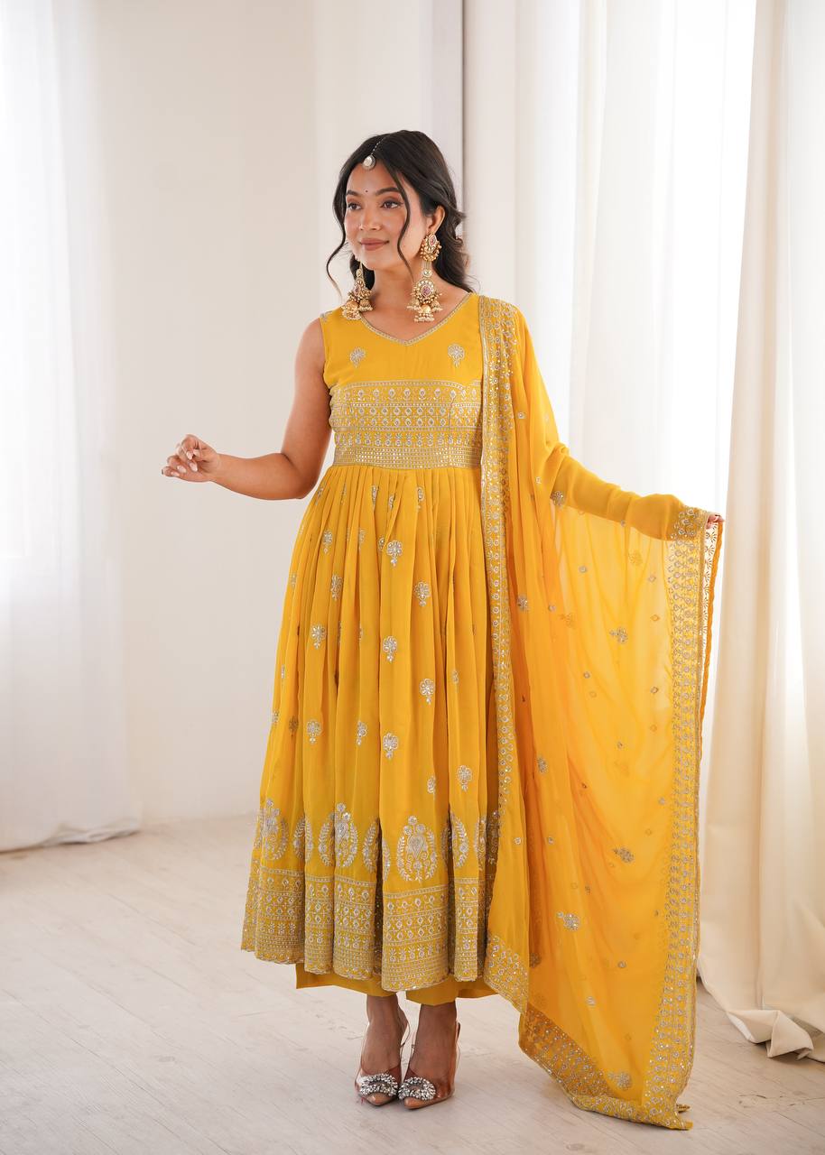 Yellow Faux Georgette Anarkali Suit with Designer Embroidery & Sequin Work