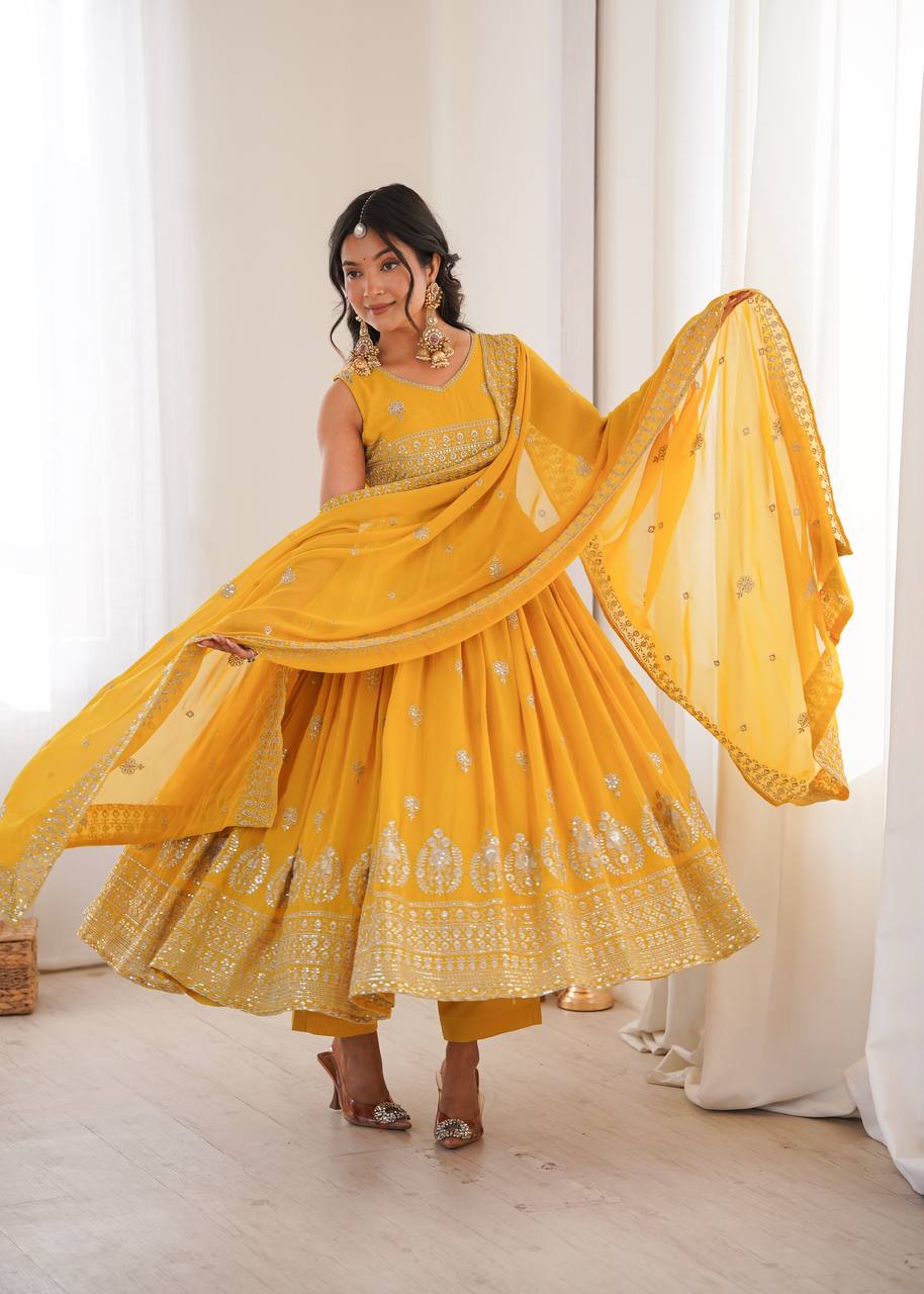 Yellow Faux Georgette Anarkali Suit with Designer Embroidery & Sequin Work