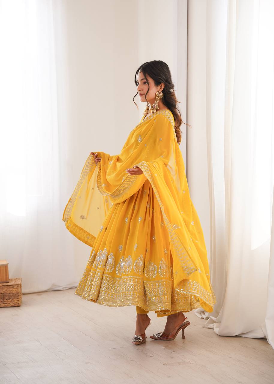 Yellow Faux Georgette Anarkali Suit with Designer Embroidery & Sequin Work