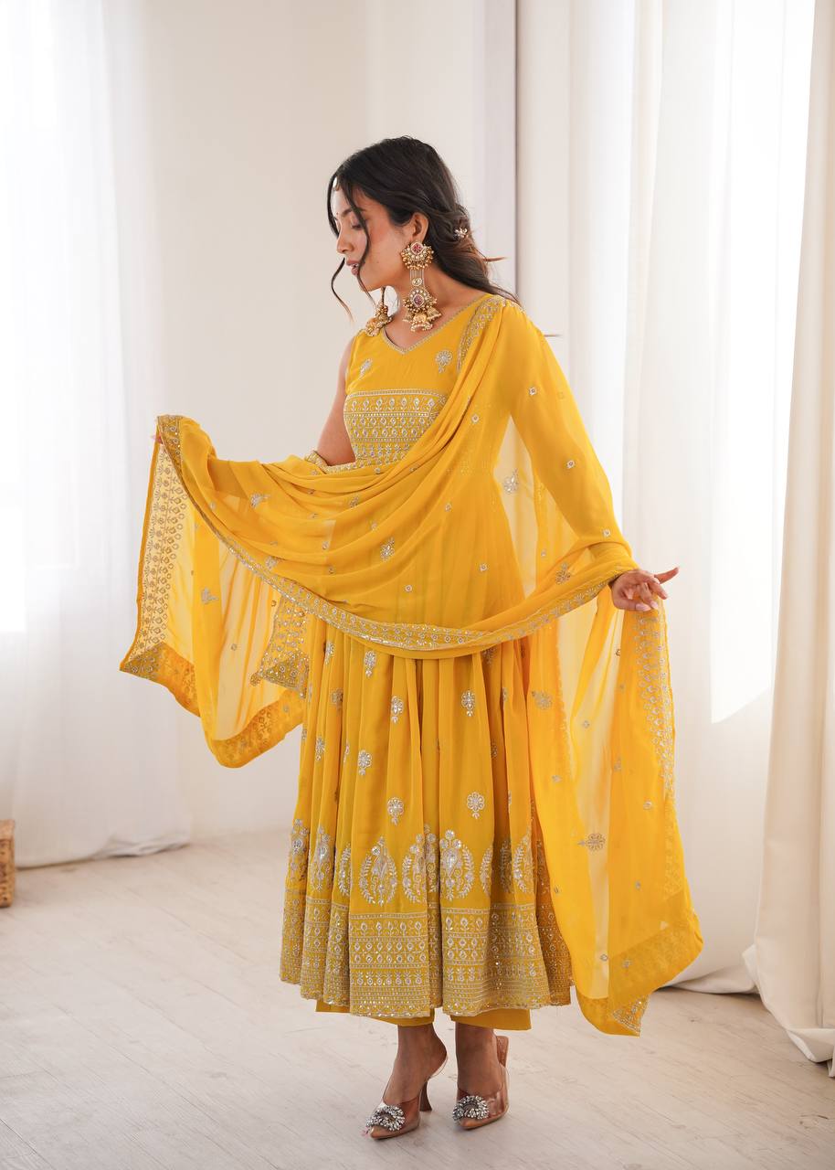 Yellow Faux Georgette Anarkali Suit with Designer Embroidery & Sequin Work