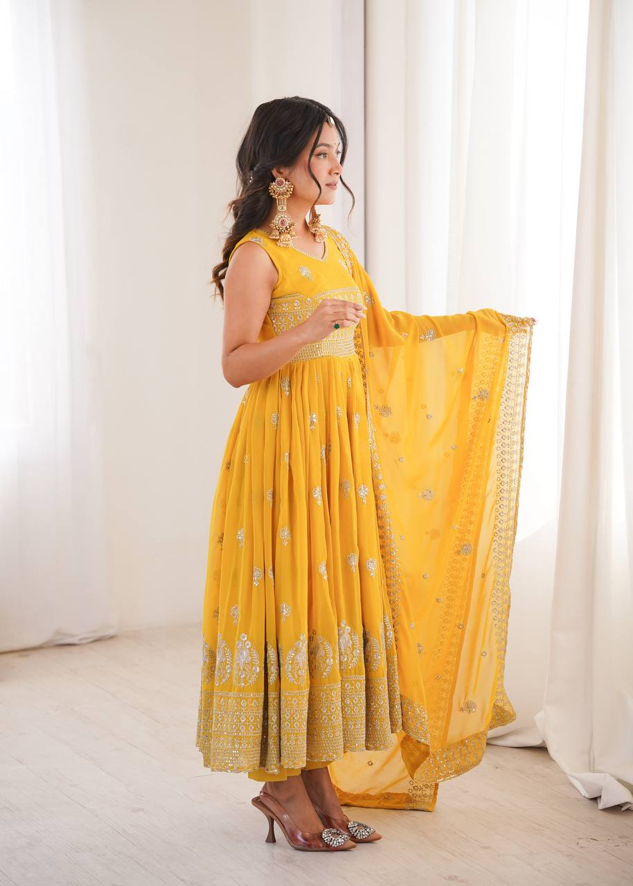Yellow Faux Georgette Anarkali Suit with Designer Embroidery & Sequin Work