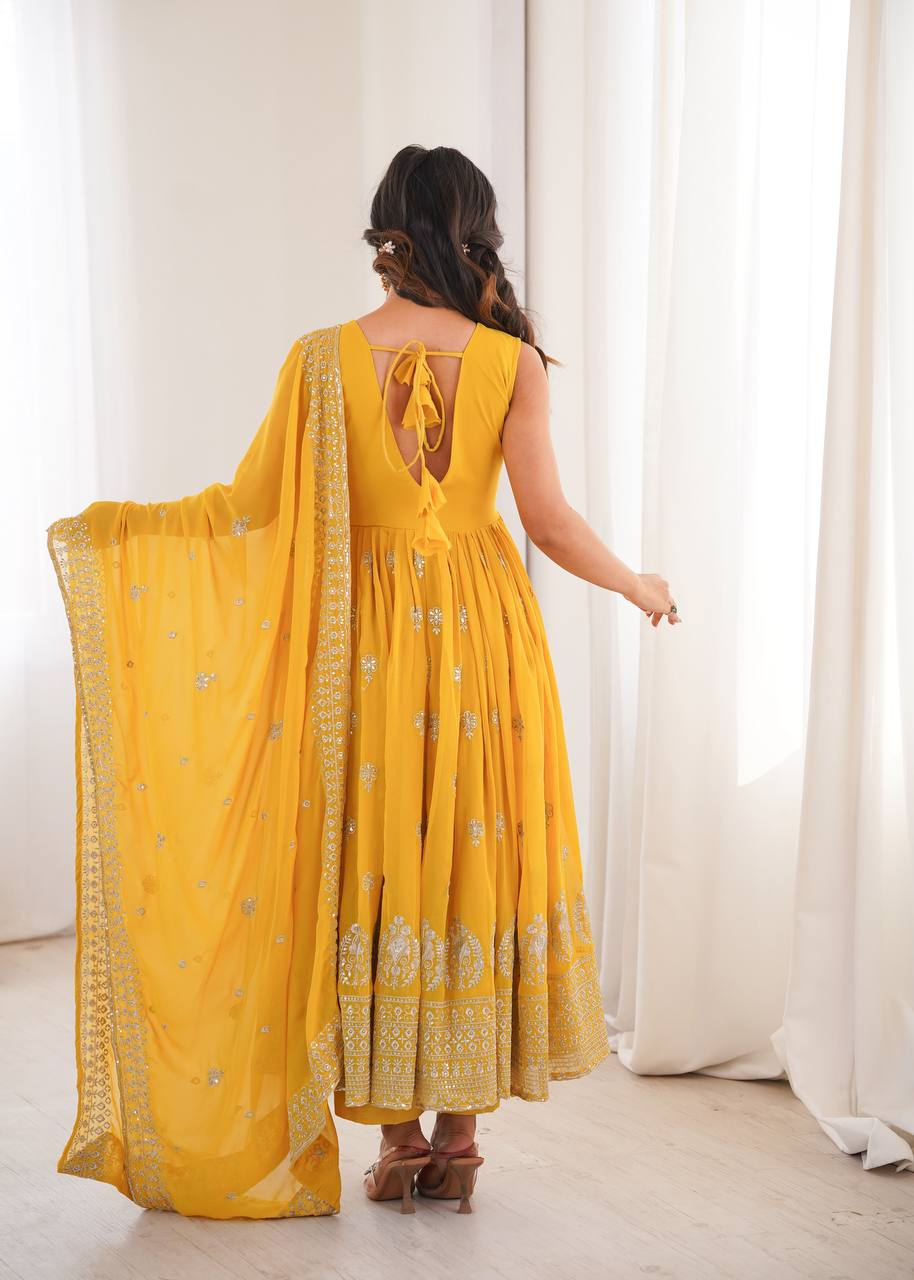 Yellow Faux Georgette Anarkali Suit with Designer Embroidery & Sequin Work