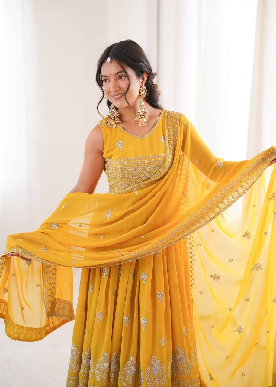 Yellow Faux Georgette Anarkali Suit with Designer Embroidery & Sequin Work