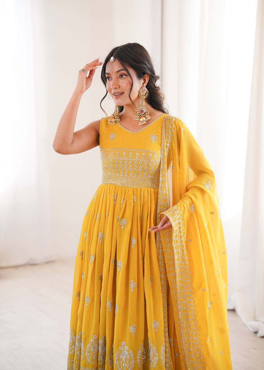 Yellow Faux Georgette Anarkali Suit with Designer Embroidery & Sequin Work
