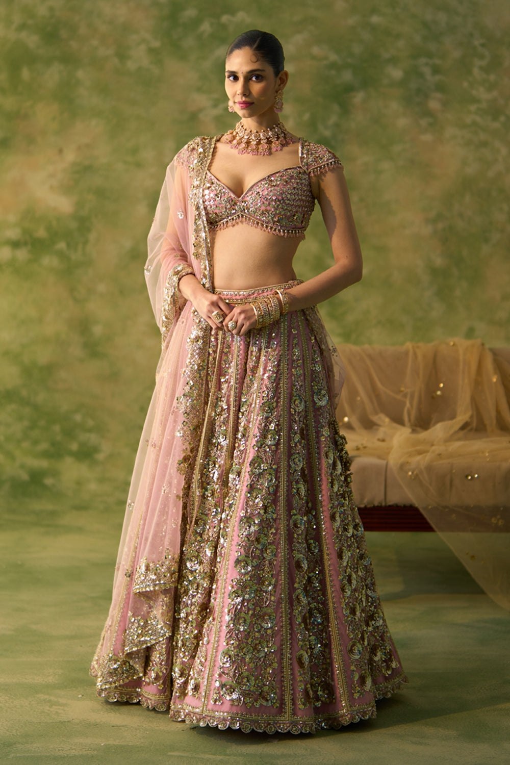 Pink Premium Butterfly Net Bridal Lehenga with Heavy Sequin & Dori Work