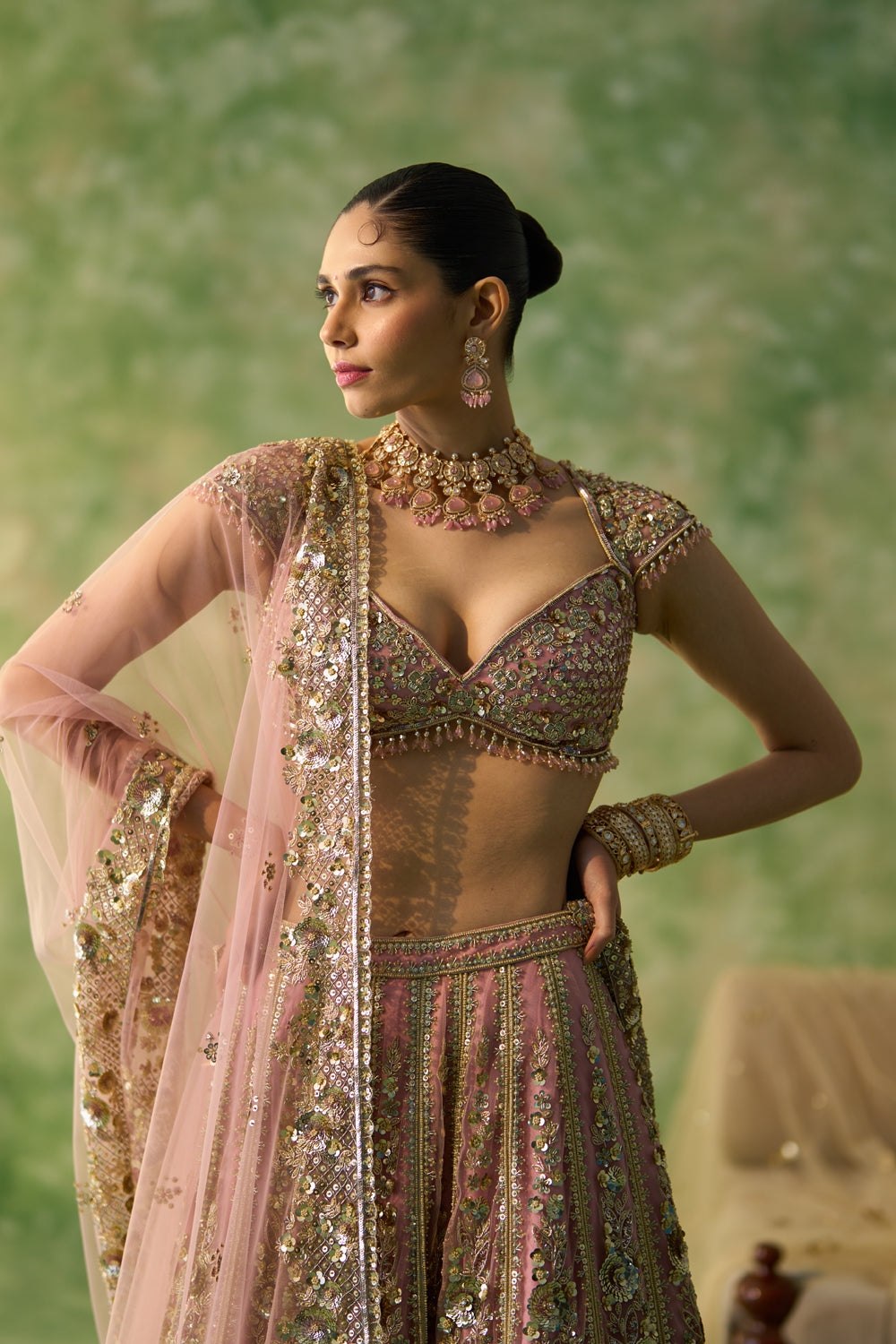 Pink Premium Butterfly Net Bridal Lehenga with Heavy Sequin & Dori Work