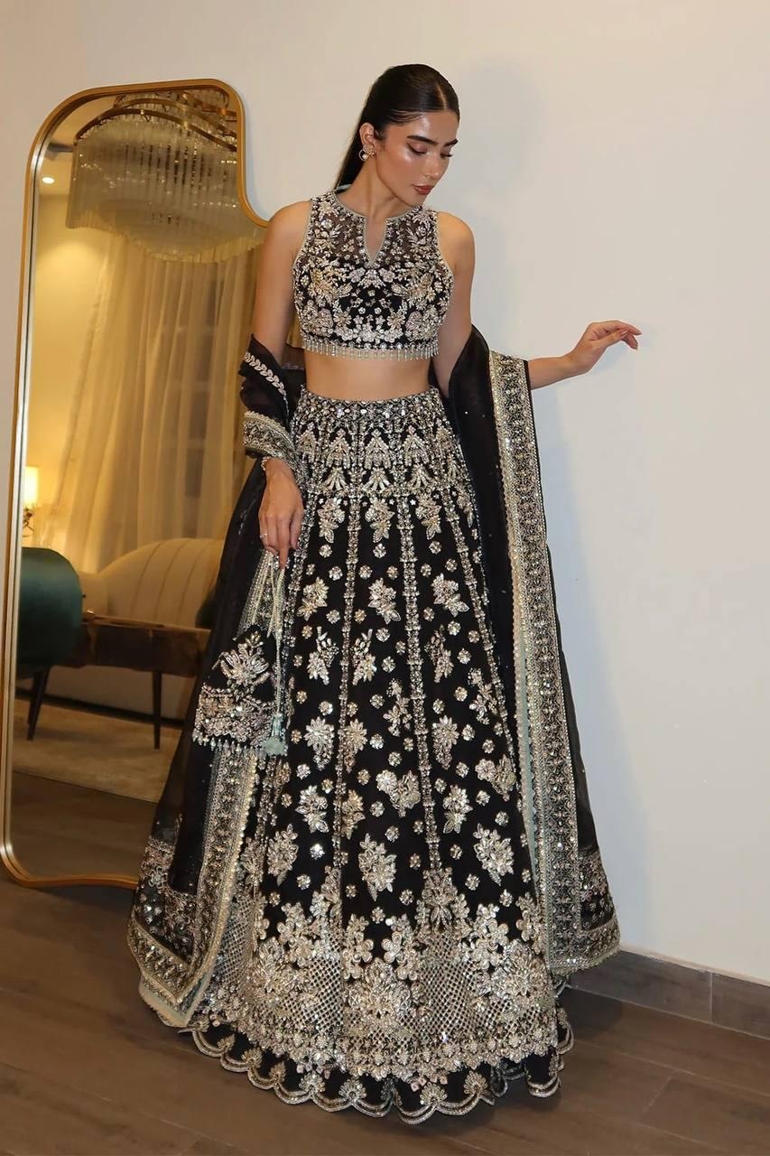 Black Chinon Silk Designer Lehenga with Heavy Sequin, Zari & Dori Work