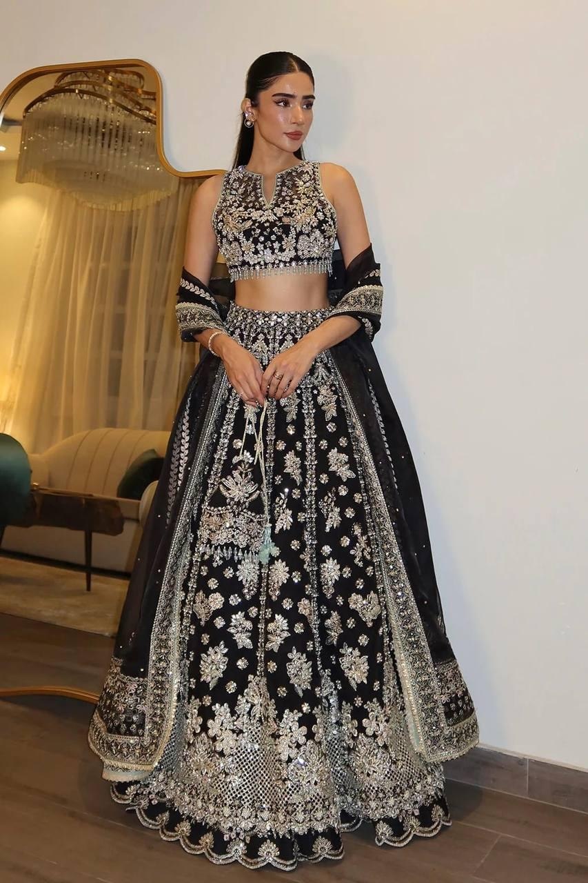 Black Chinon Silk Designer Lehenga with Heavy Sequin, Zari & Dori Work