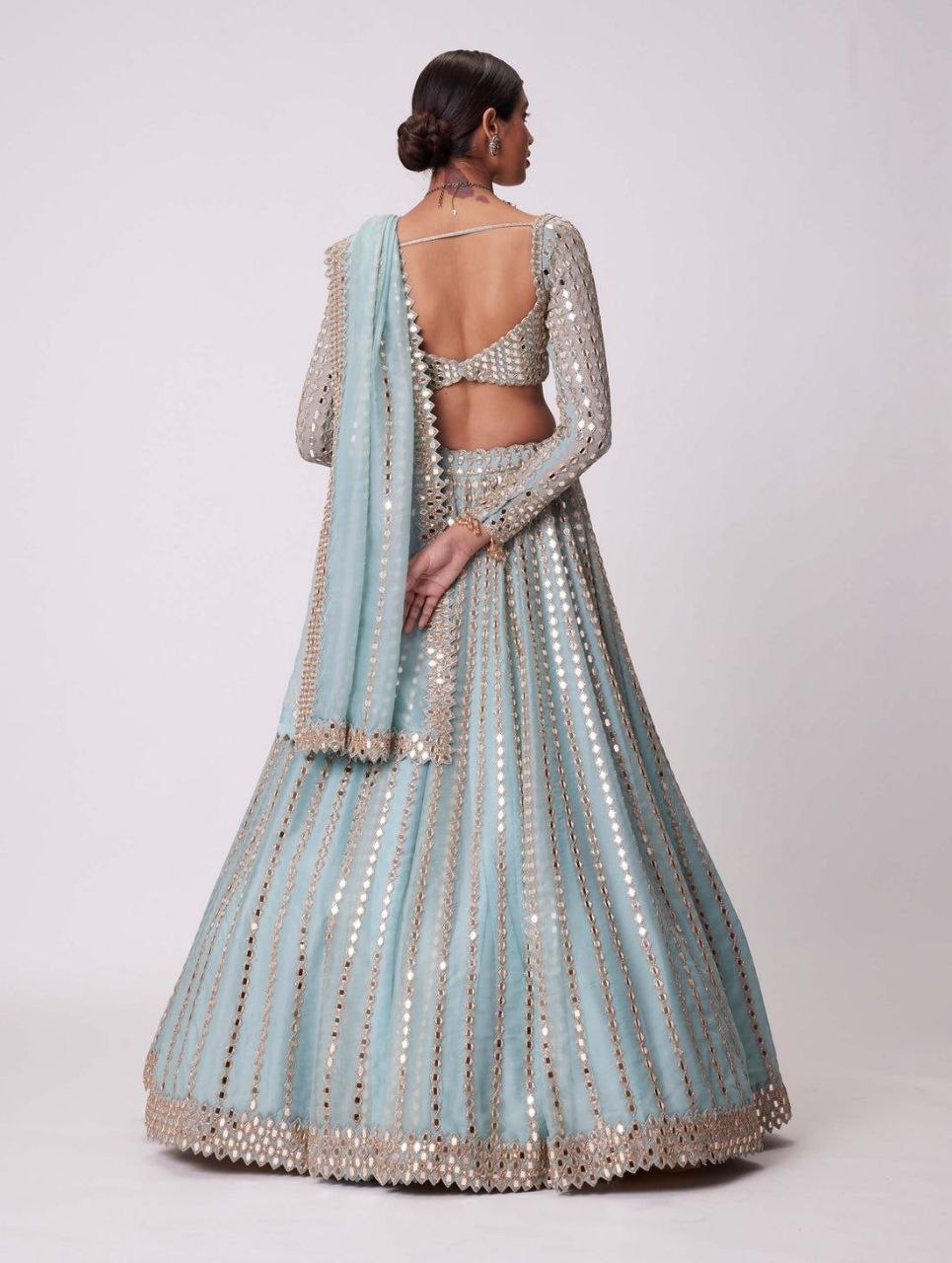 Ice Blue Crape Silk Lehenga Choli with Heavy Sequin & Dori Work