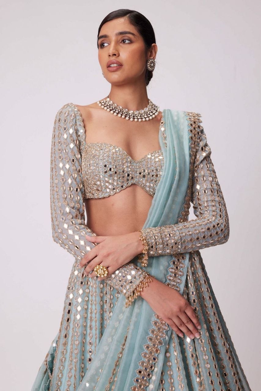 Ice Blue Crape Silk Lehenga Choli with Heavy Sequin & Dori Work