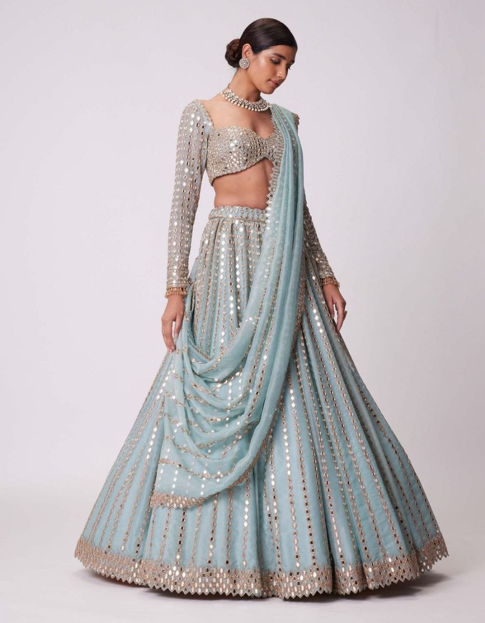 Ice Blue Crape Silk Lehenga Choli with Heavy Sequin & Dori Work