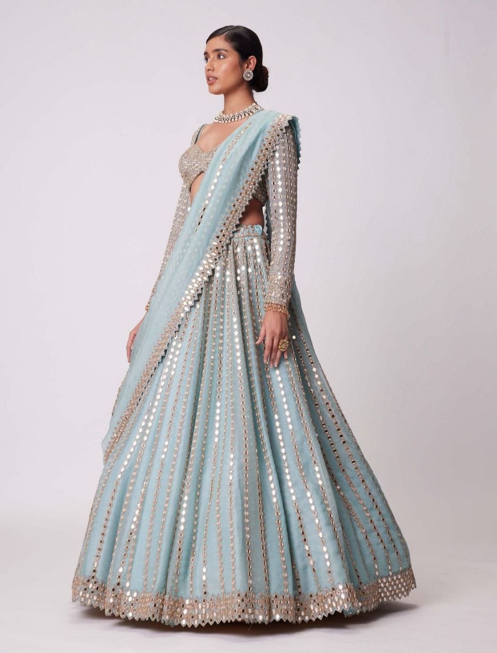 Ice Blue Crape Silk Lehenga Choli with Heavy Sequin & Dori Work