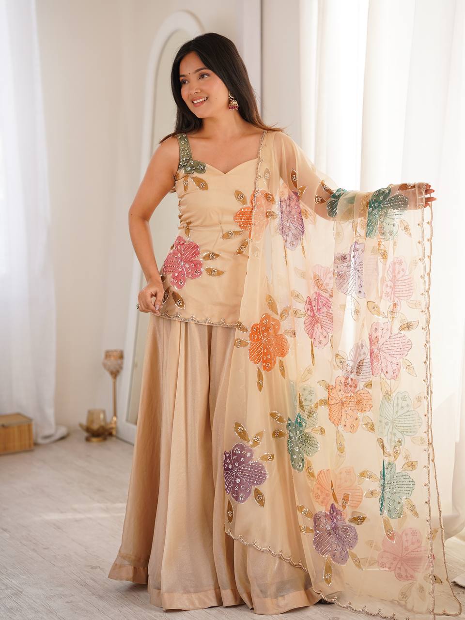 Tibby Organza Silk Sharara Suit with Brush Print & Sequin Work