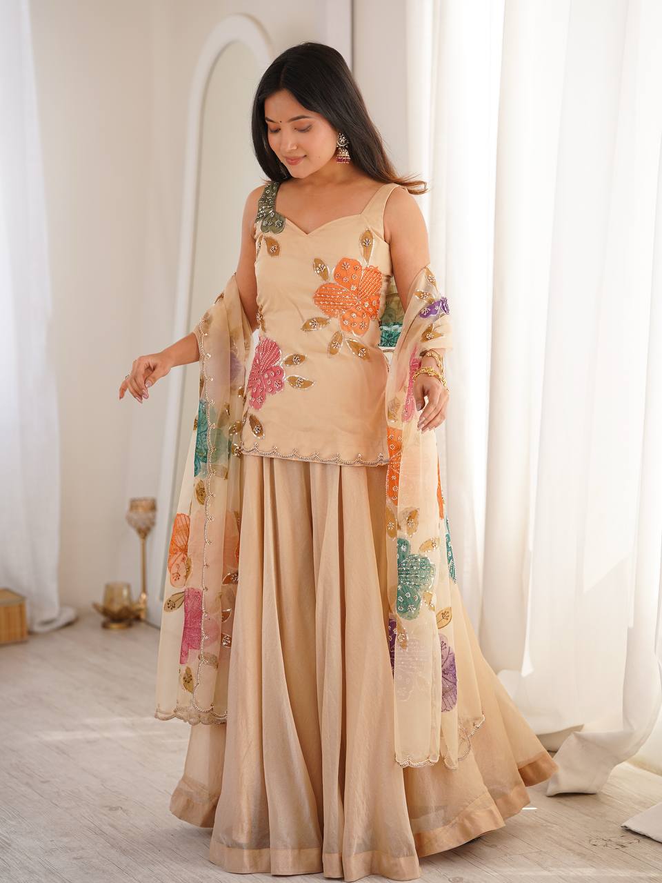 Tibby Organza Silk Sharara Suit with Brush Print & Sequin Work