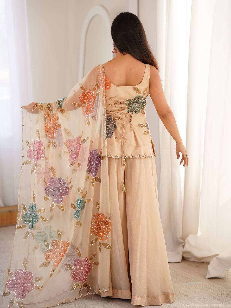Tibby Organza Silk Sharara Suit with Brush Print & Sequin Work