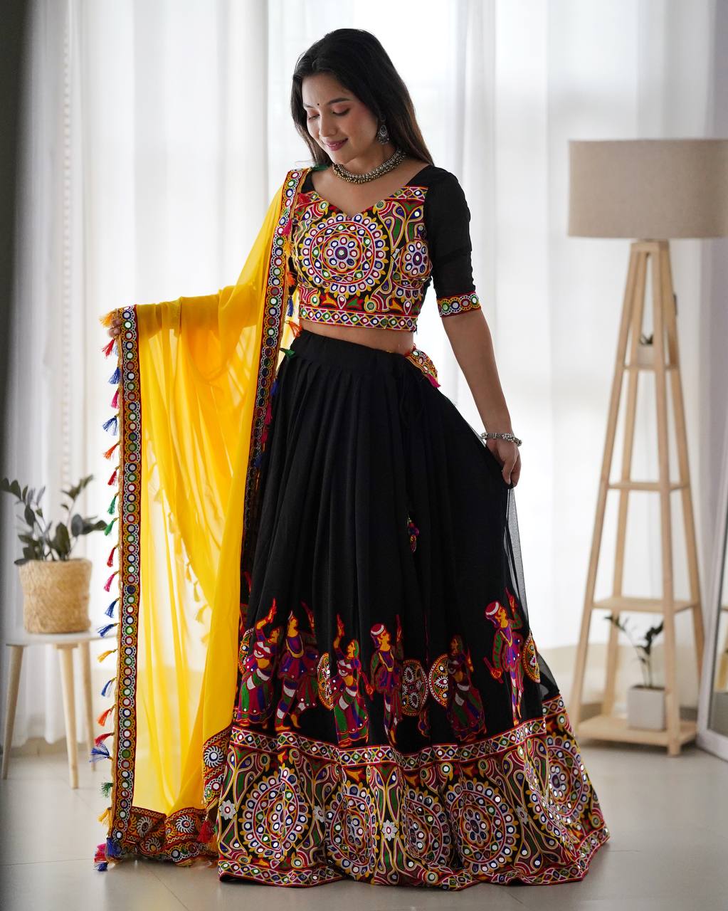 Designer Faux Georgette Mirror Work Lehenga Choli Set