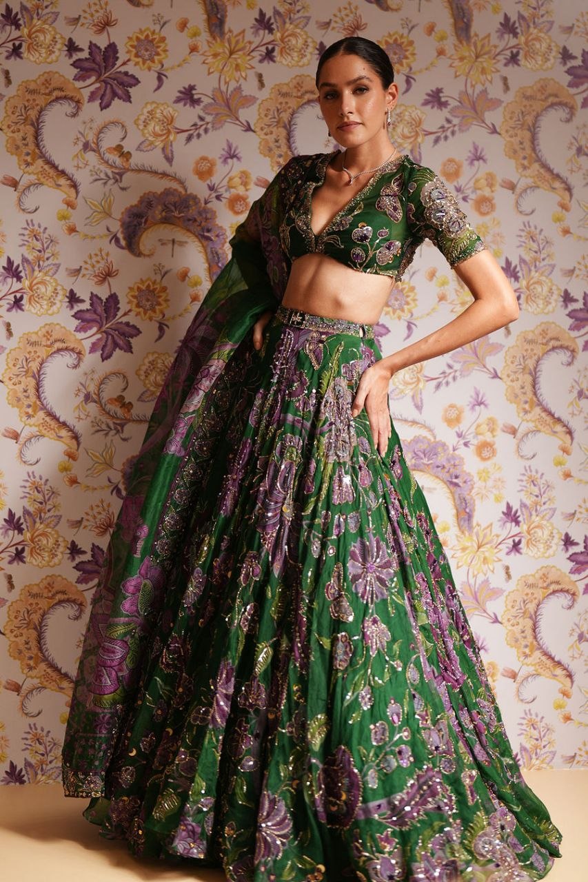 Green Taby Silk Lehenga with Mirror, Embroidery & Sequin Work